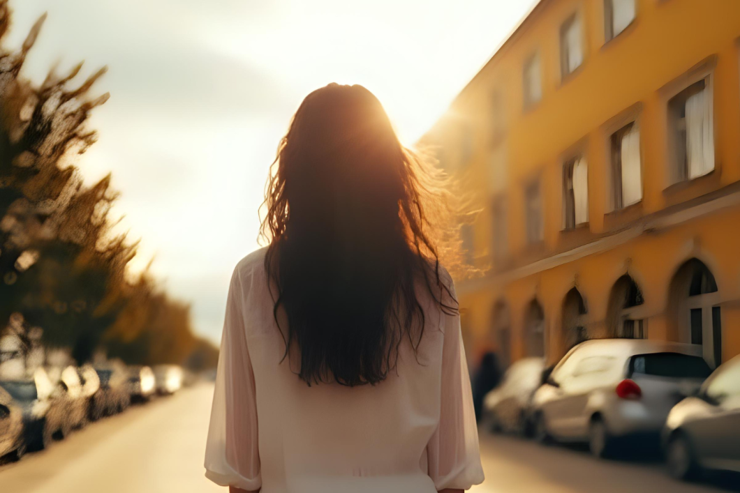 A woman with long hair, seen from behind, walking towards a bright sunlit street, symbolising resilience and moving forward.
