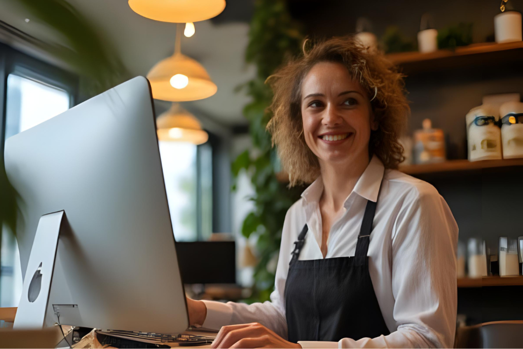 A smiling woman, a small business owner, standing proudly in her cafe, representing entrepreneurial success and growth.