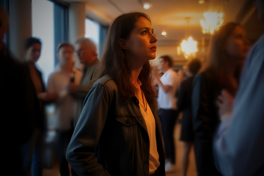 A woman looking isolated and thoughtful amidst a blurry background of people at a social gathering, representing subtle feelings of exclusion at events.