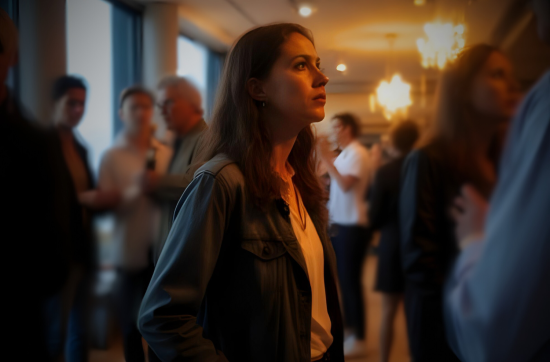 A woman looking isolated and thoughtful amidst a blurry background of people at a social gathering, representing subtle feelings of exclusion at events.
