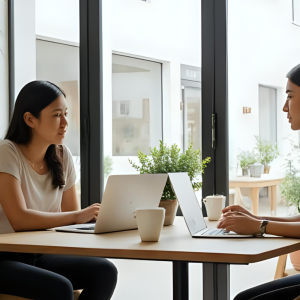 Two women having a focused discussion about event planning challenges during a Power Hour session.