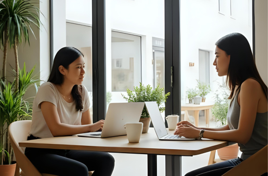 Two women having a focused discussion about event planning challenges during a Power Hour session.