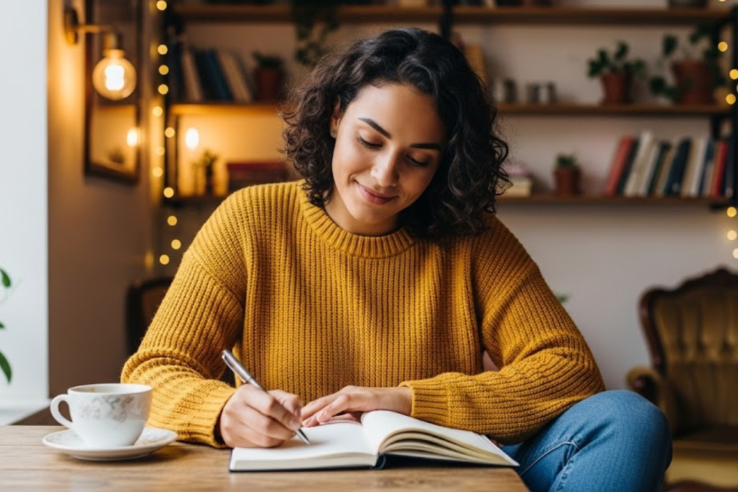 A small business owner in a cozy setting thoughtfully writes in a notebook, planning a business event.