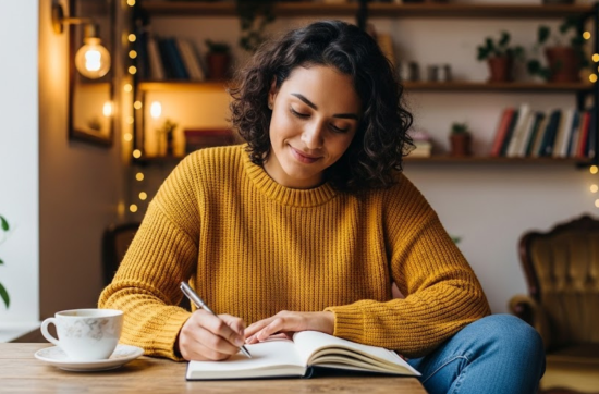 A small business owner in a cozy setting thoughtfully writes in a notebook, planning a business event.